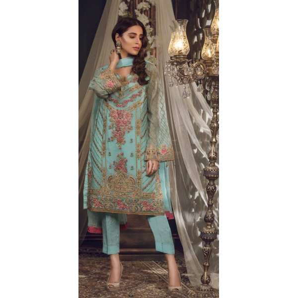 BISCAY GREEN CHIFFON EMBROIDERED LUXURY PAKISTANI STYLE SUIT