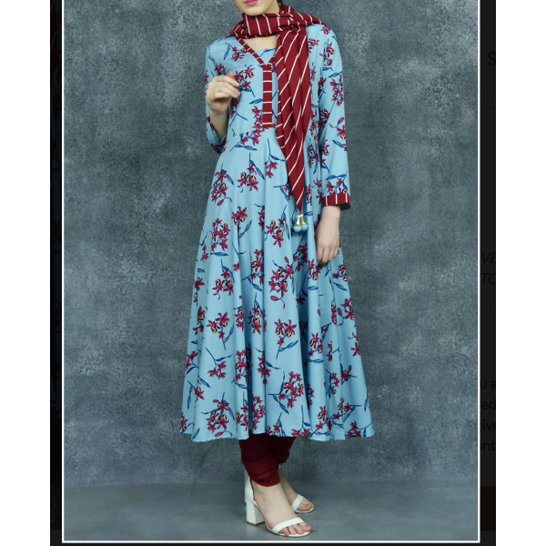 Blue Red Floral Dress Princess Cut Readymade Suit