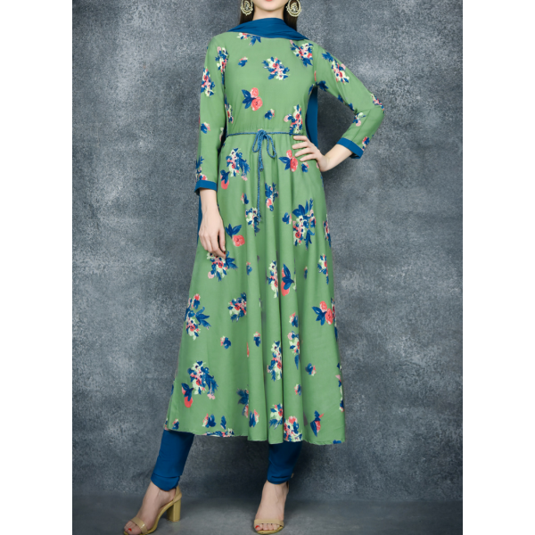 Blue Green Floral Skater Dress Readymade Suit