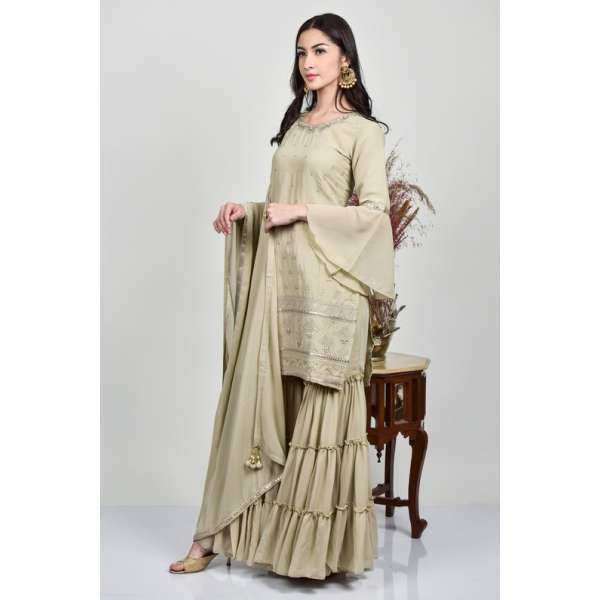 Beige Indian Embroidered Readymade Gharara Suit