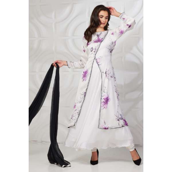 Off White Purple Floral Jacket Style Kurti Dress