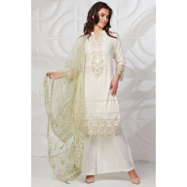 Off White Pista Embroidered Indian Ladies Palazzo Suit
