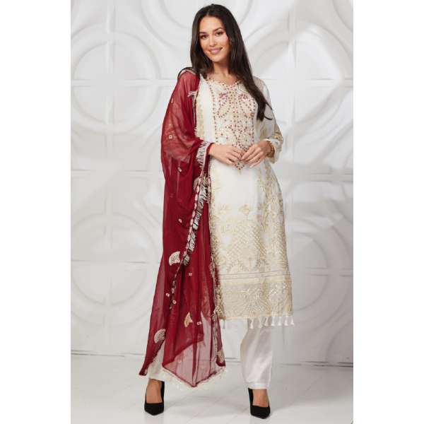 Cream Maroon Stitched Designer Salwar Kameez For Women