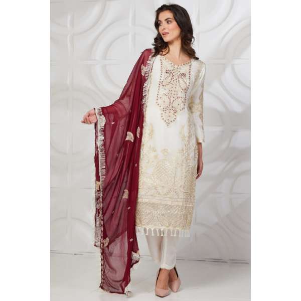 Cream Maroon Readymade Embroidered Salwar Suit