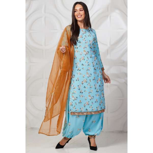 Blue Floral Printed Afghani Style Salwar Suit