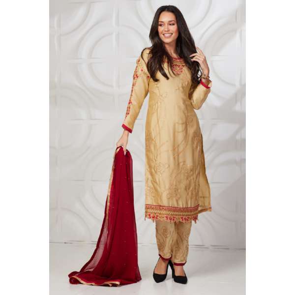 Beige Red Asian Indian Embroidered Dress