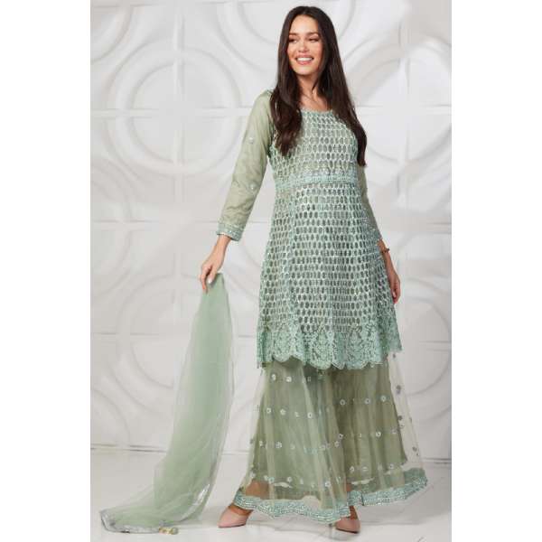Mint Heavy Embellished Wedding Party Gharara Suit