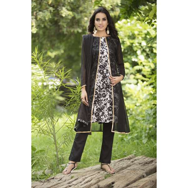 Black Jacket Style Printed Dress Readymade Suit   