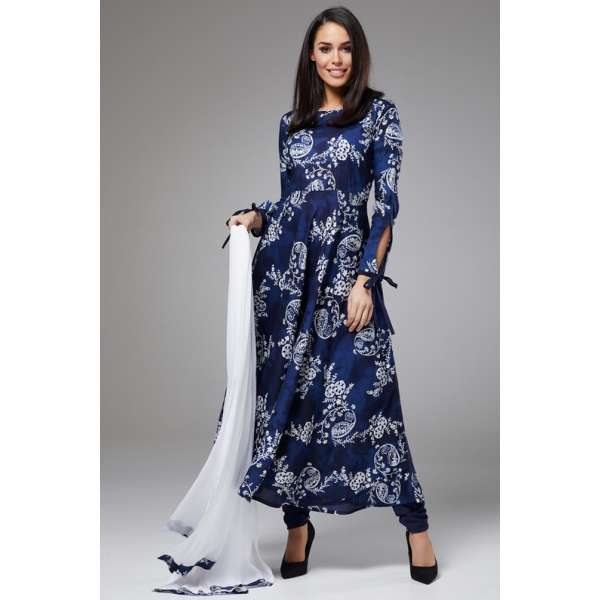  Blue White Floral Long Dress Readymade Suit