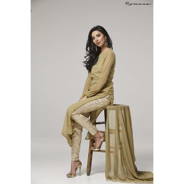 BEIGE STRAIGHT SHIRT AND BROCADE TROUSER READY TO WEAR EID SUIT 