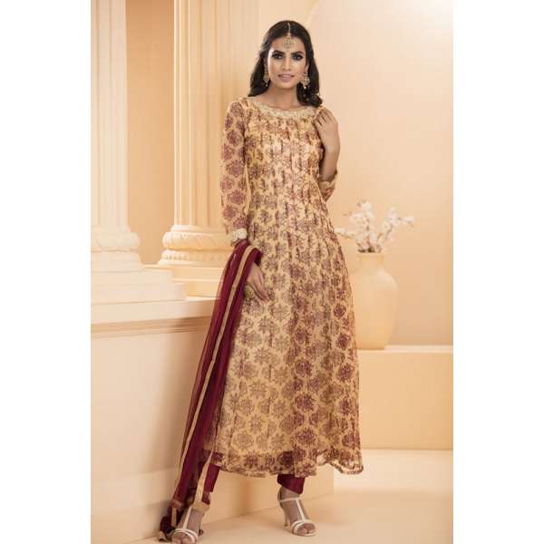 Beige Maroon Indian Readymade Anarkali Suit