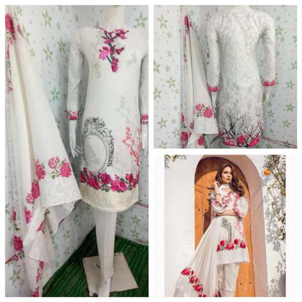 BRILLIANT WHITE PRINTED AND EMBROIDERED PAKISTANI CAPRI STYLE TROUSER SUIT
