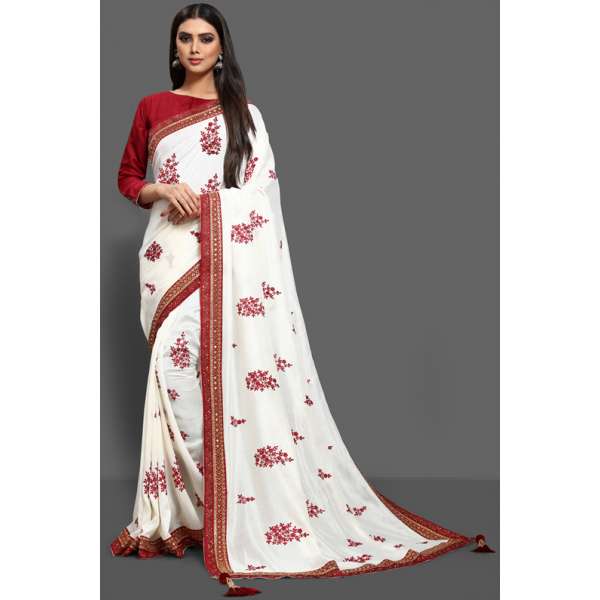 FLAMED SCARLET & OFFWHITE DESIGNER PARTY SAREE