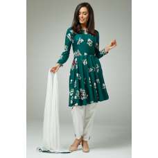 DARK GREEN AND OFF WHITE FLARED FROCK STYLE READYMADE SALWAR SUIT