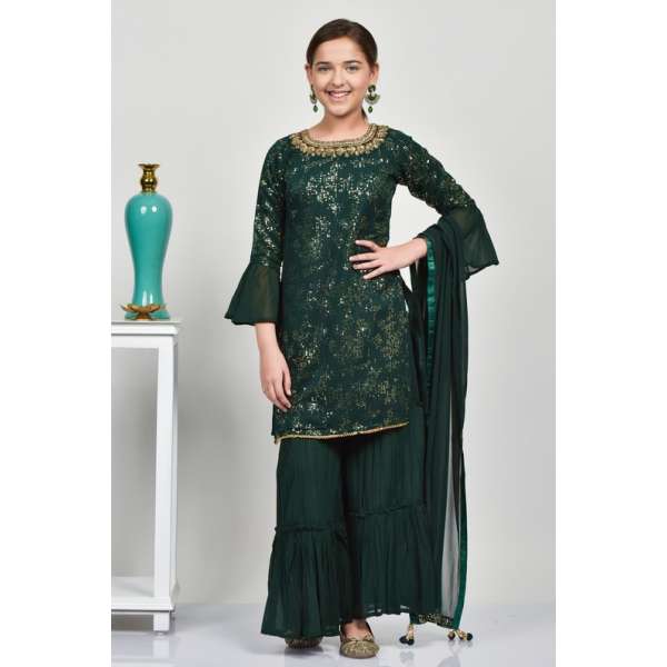 Dark Green Sequin Layered Style Gharara Dress For Girls 