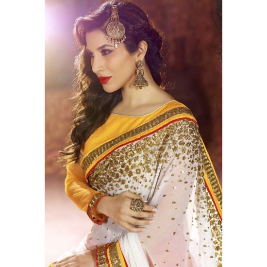 Yellow & White Banarasi Saree Bollywood Indian Wedding Wear