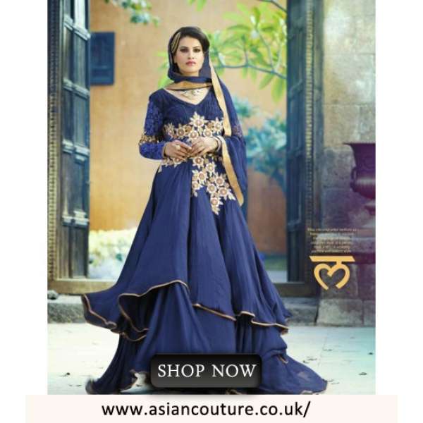 Blue Floral Anarkali Gown Occasional Wear