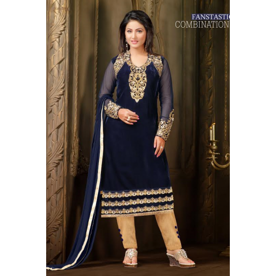 Navy Blue Straight Cut Embroidered Velvet Salwar Kameez Suit