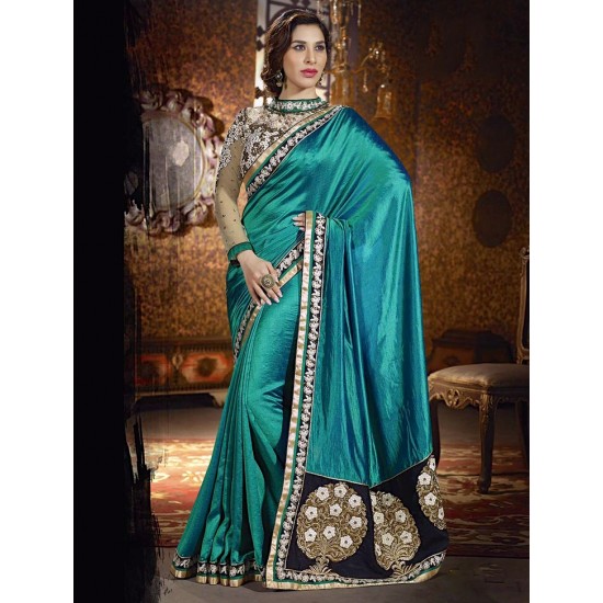 Admirable Turquoise Silk Indian Wedding Saree
