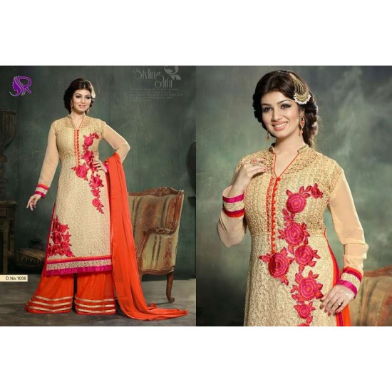 U1006 BEIGE AND ORANGE AYESHA TAKIA ANARKALI STYLE SALWAR KAMEEZ SUIT
