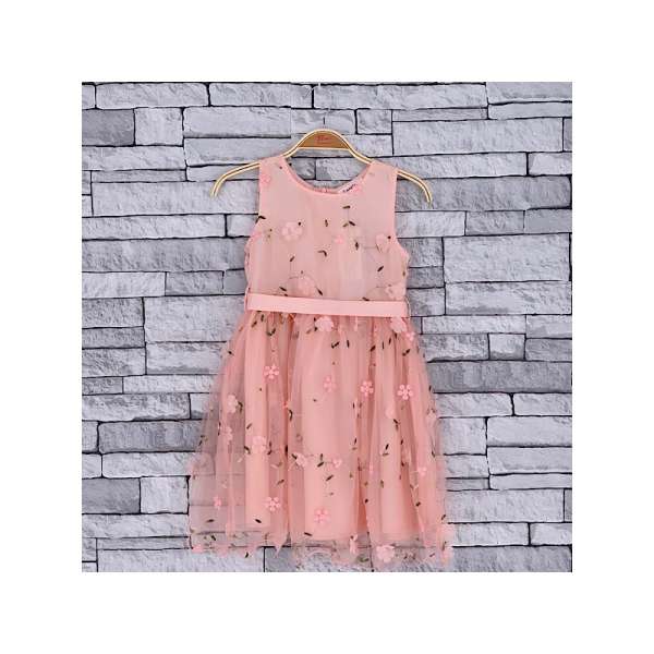 GIRLS CORAL PINK FLORAL MESH OVERLAY DRESS (4-14 YEARS)