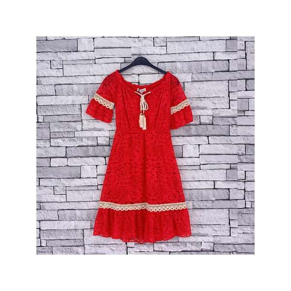 GIRLS RED GRECIAN LACE DRESS (4-14 YEARS)
