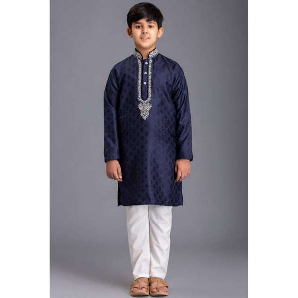 Blue Silver Embroidered Readymade Indian Kurta Pajama