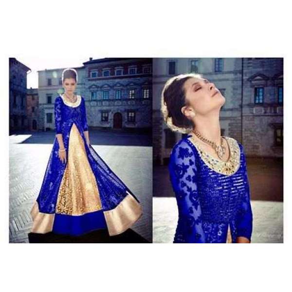 Blue & Gold Embroidered Anarkali Gown