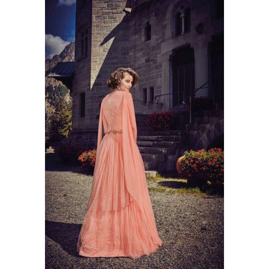 Peachy Pink Indian Designer Long Net Anarkali Gown