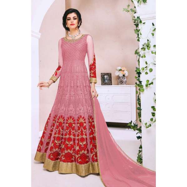 Pink Red Net Heavy Embroidered Floral Anarkali Gown