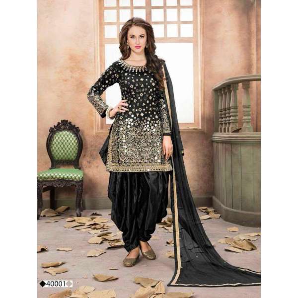 Stunning Black Silk Mirror Work Dress Patiala Punjabi Suit 