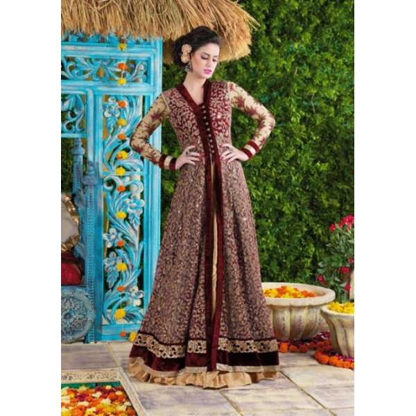Maroon Princess Wedding Wear Embroidered Gown
