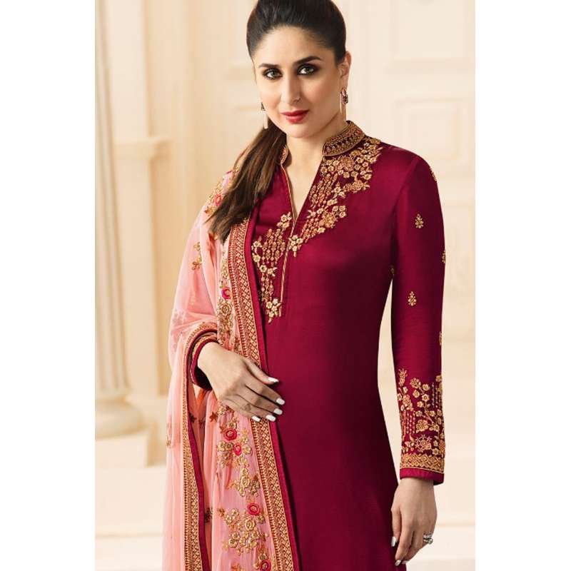 6276 Maroon Kaseesh Kareena Kapoor Satin Georgette Suit With Heavy Work Dupattaasian Couture 