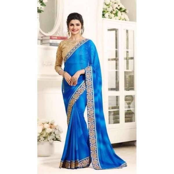 Blue Designer Saree With Heavy Embridered Blouse