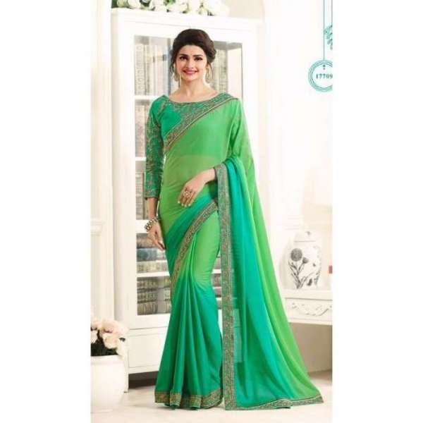 Z17709 GREEN KASEESH PRACHI GEORGETTE SAREE WITH HEAVY EMBROIDERED BLOUSE 