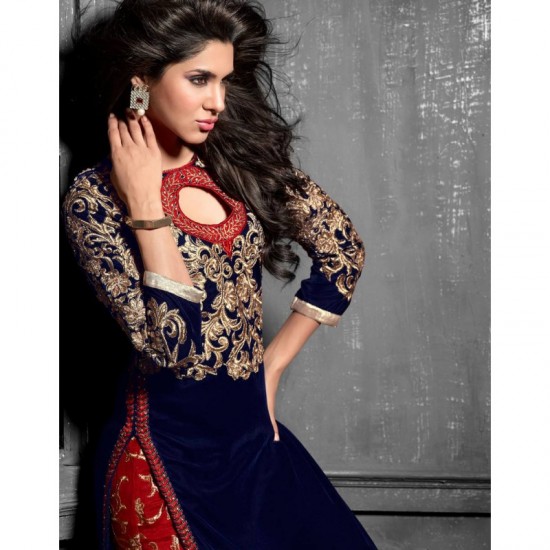 MS12012 Navy Blue With Red MAISHA MASKEEN Dress In Velvet Material