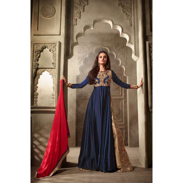 Navy Blue & Gold Indian Wedding Dress Embroidered Long Suit