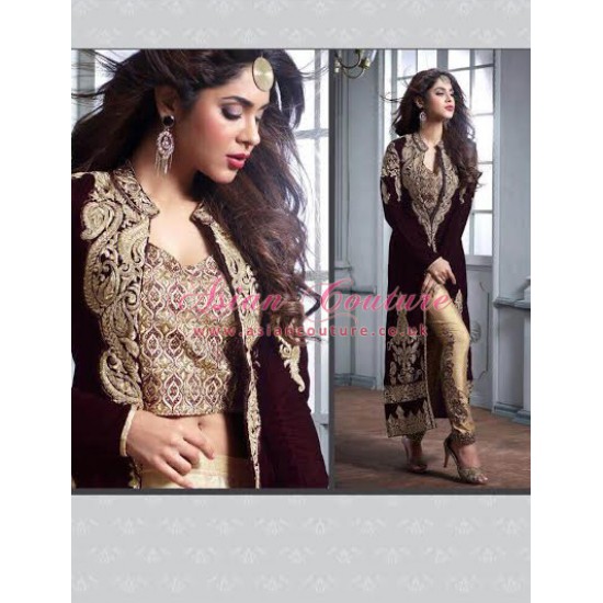 M2605 MAROON AND GOLD MASKEEN MAISHA DESIGNER SUIT