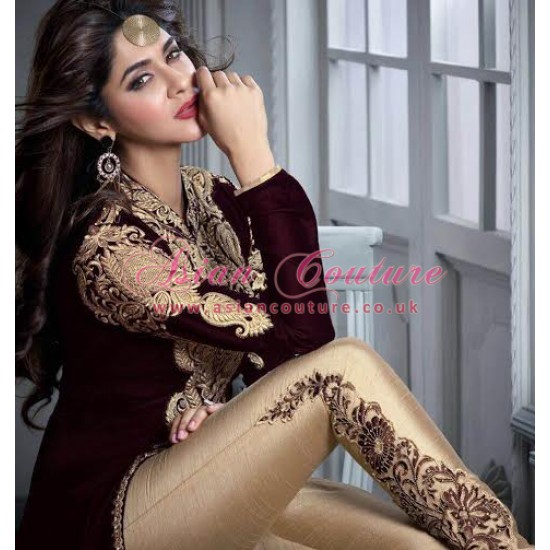 M2605 MAROON AND GOLD MASKEEN MAISHA DESIGNER SUIT