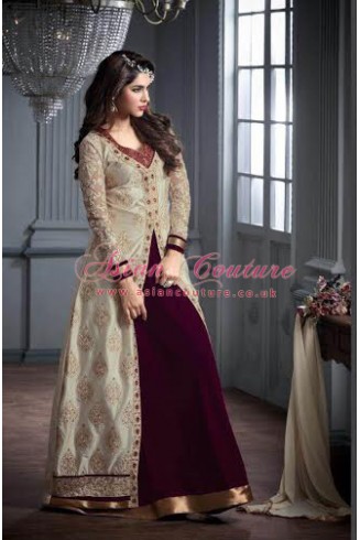 Maroon Cream Maisha Silky Jacket Dress Party Suit 