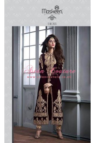 M2605 MAROON AND GOLD MASKEEN MAISHA DESIGNER SUIT