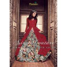 Red & Grey Anarkali Dress Front Slit Style Indian Gown