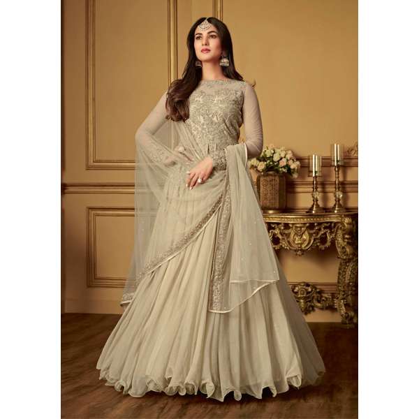 Beige Net Indian Wedding Gown Elegant Anarkali Dress UK