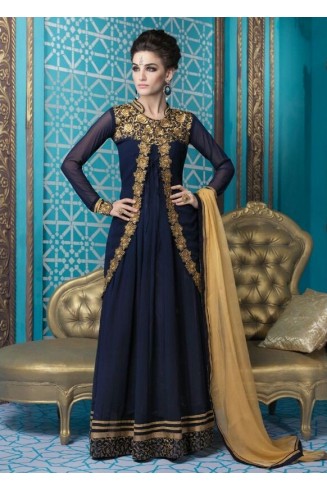 Navy Blue Jacket Gown Indian Anarkali Suit