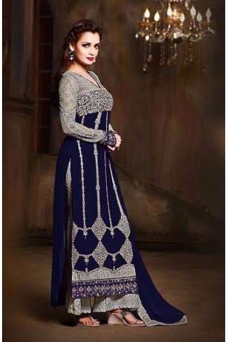 Navy Blue And Silver Long Kurti Glamour Semi Stitched Salwar Suit