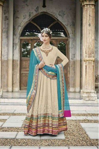 M24002 BEIGE AND SKY BLUE MOHINI HEAVEY EMBROIDERED ANARKALI DRESS