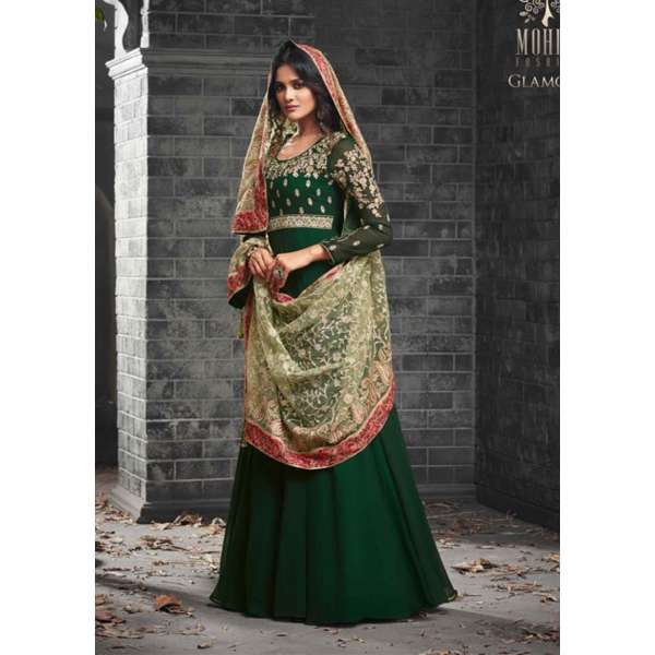 DARK GREEN GEORGETTE INDIAN ANARKALI GOWN AND HEAVY EMBROIDERED DUPATTA
