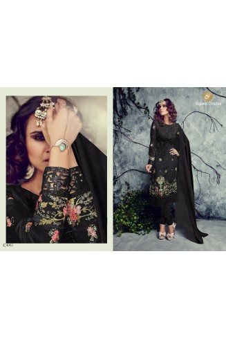 Black Georgette Embroidered Straight Cut Trouser Suit