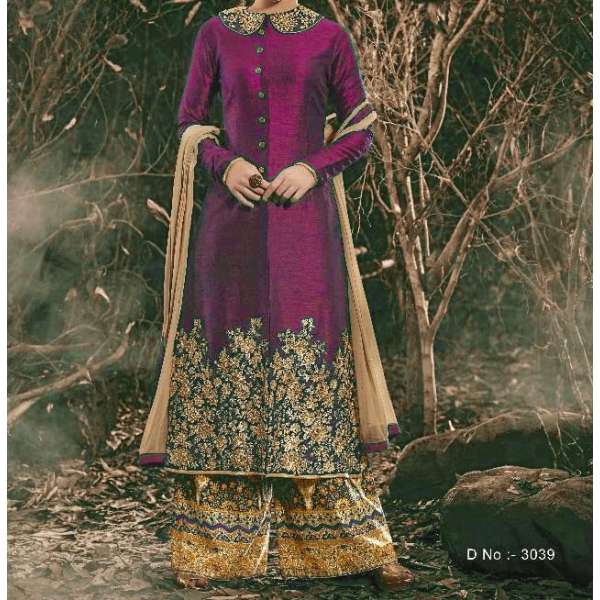 Purple Indian Bhagalpuri Floor Length Party Wear Anarkali Suit 