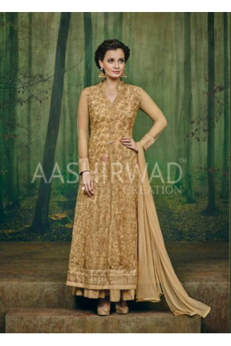 GOLD INDIAN DESIGNER DIA MIRZA EMBROIDERED ANARKALI SUIT